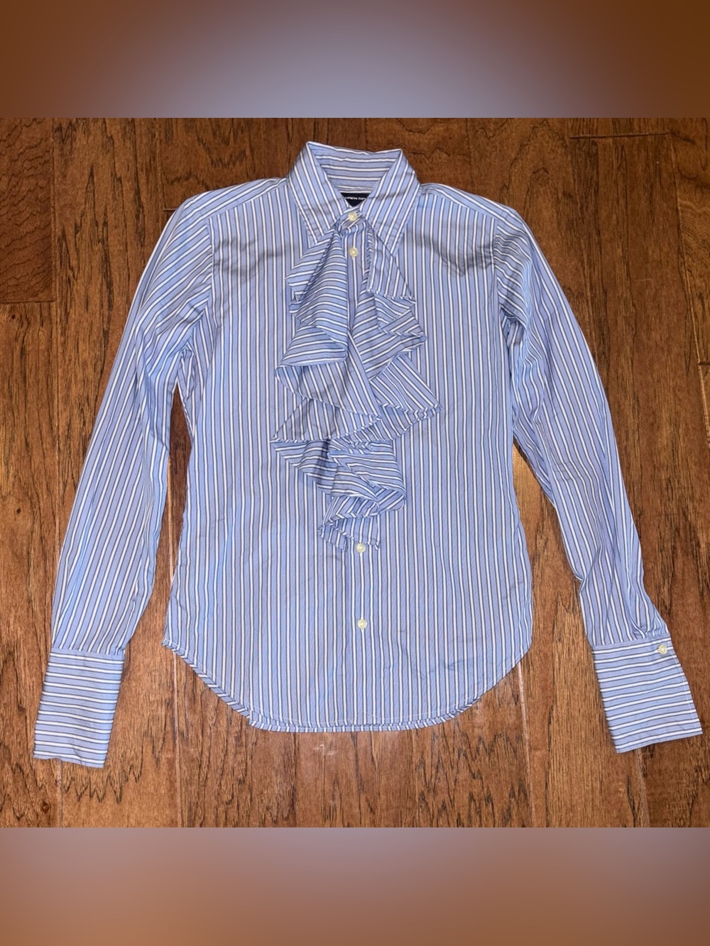 Ralph Lauren Sport Ruffle Blouse in Blue Striped Cotton Button Front Shirt 4 EUC